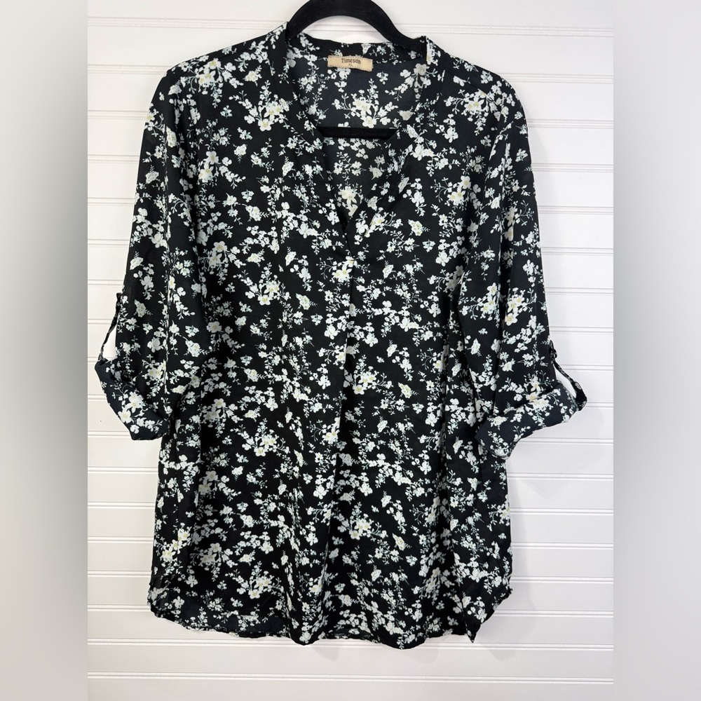 Timeson womens Floral Black & White business casual dressy Blouse tunic. Size XL - Picture 2 of 6
